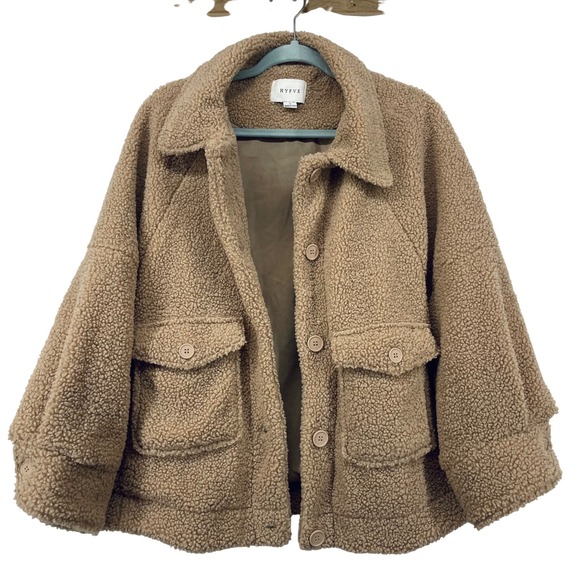 Hyfve Women Size Small Teddy Sherpa Jacket Tan Brown Button Front Cabin Core - Picture 2 of 8